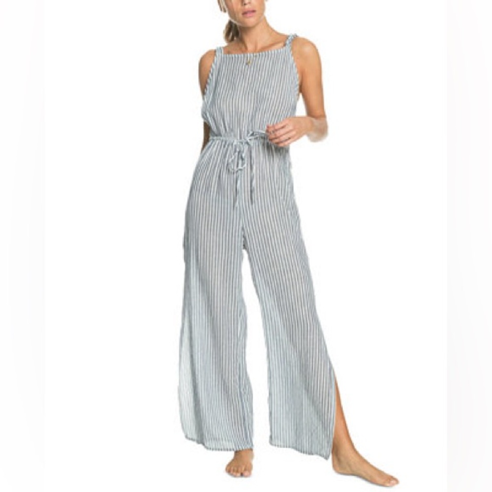 Roxy Jumpsuit Medium Blue White Striped Slit In Leg Low Back Drawstring Waist